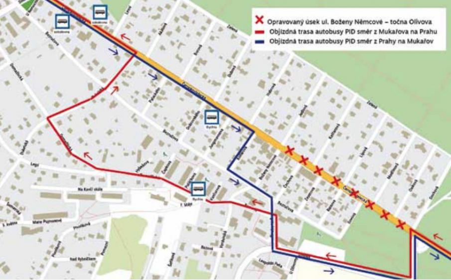 Tato objzdn trasa bude platit pouze pro autobusovou dopravu vrmci opravy seku ulice Boeny Nmcov  tona Olivova. <BR>Vesmru naPrahu pojedou autobusy pes ulice ernokosteleck  Olivova  UVodojemu  Baarova  Domalick  Dukelsk  ernokosteleck. Vesmru naMukaov pes ulice ernokosteleck  Kollrova  Bezruova  UVodojemu  Olivova  ernokosteleck.