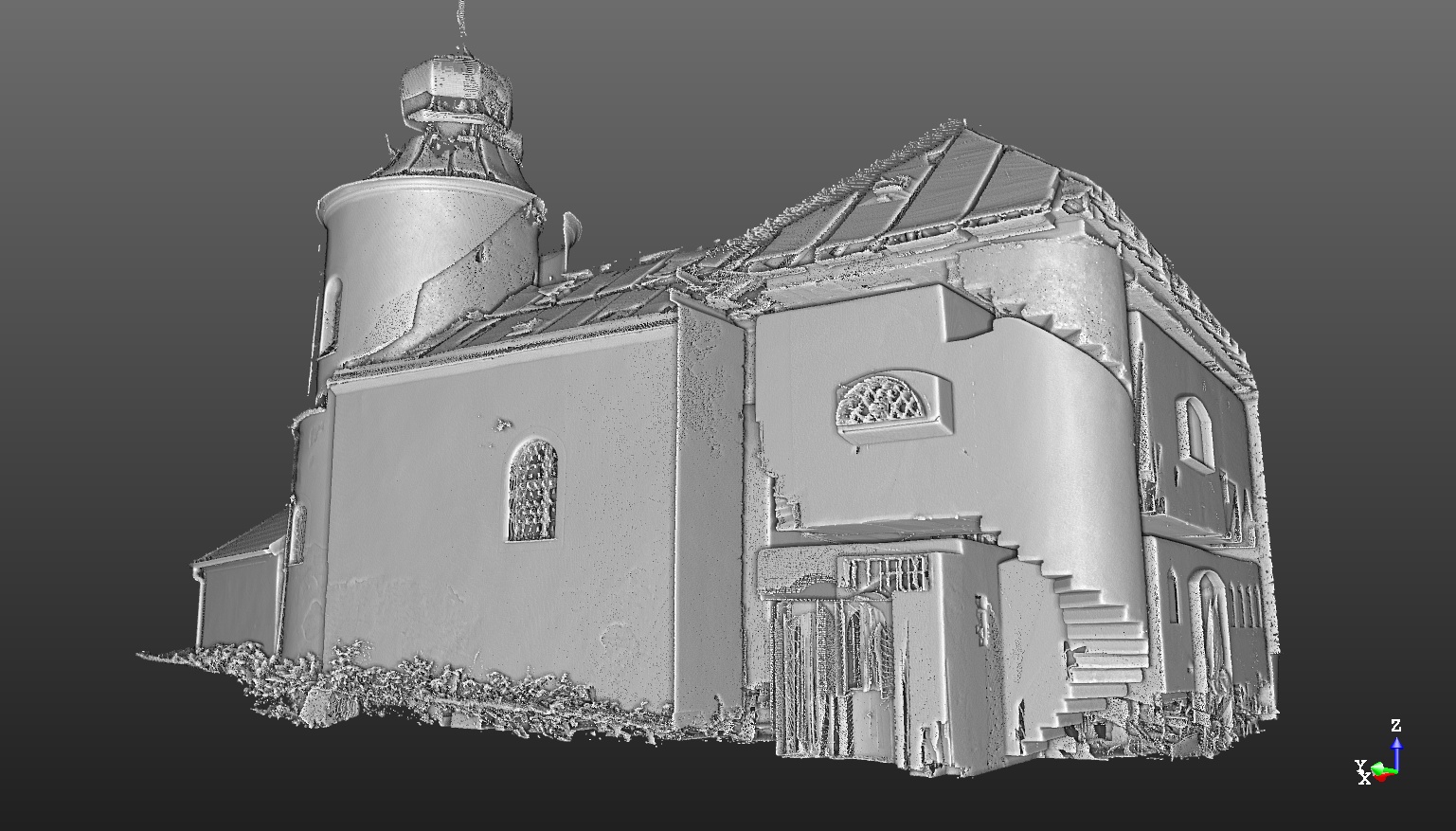 Neupravený výstup z laserového skeneru umožňuje pohled na kostel ze zcela neobvyklých úhlů. Díky tomu je možné odhalit i případné skryté prostory.