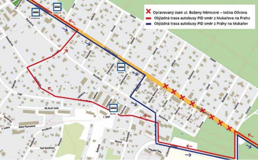 Tato objízdná trasa bude platit pouze pro autobusovou dopravu v rámci opravy úseku ulice Boženy Němcové – točna Olivova. <BR>Ve směru na Prahu pojedou autobusy přes ulice Černokostelecká – Olivova – U Vodojemu – Baarova – Domažlická – Dukelská – Černokostelecká. Ve směru na Mukařov přes ulice Černokostelecká – Kollárova – Bezručova – U Vodojemu – Olivova – Černokostelecká.