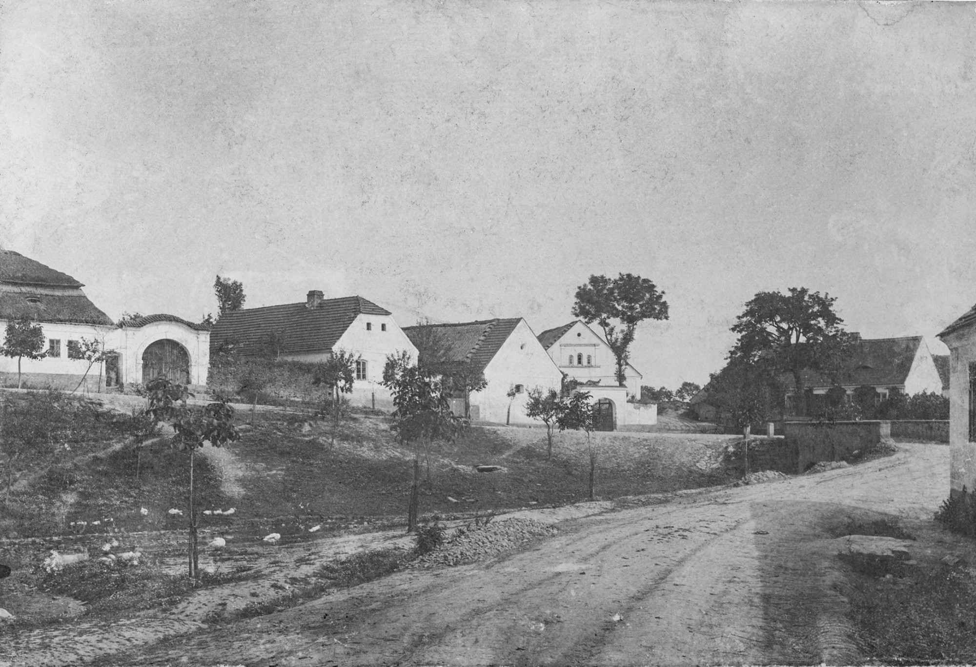 NEDVĚZÍ U ŘÍČAN NA KONCI 19. STOLETÍ. TATO FOTOGRAFIE VZNIKLA PRO NÁRODOPISNOU VÝSTAVU ČESKOSLOVANSKOU, KTERÁ SE KONALA V PRAZE V ROCE 1895. ZACHYCUJE DOMY V CENTRU OBCE: STAVENÍ ČP. 3, 36, 2 A 1.