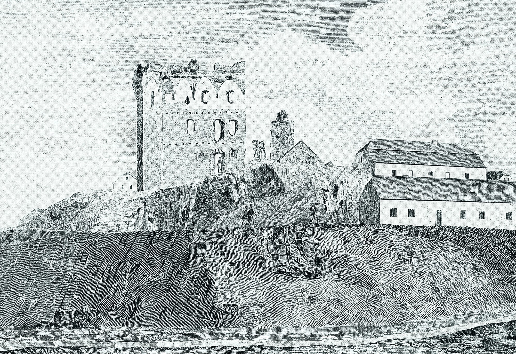 Říčanský hrad před polovinou 19. století, litografie Františka Alexandra Hebera