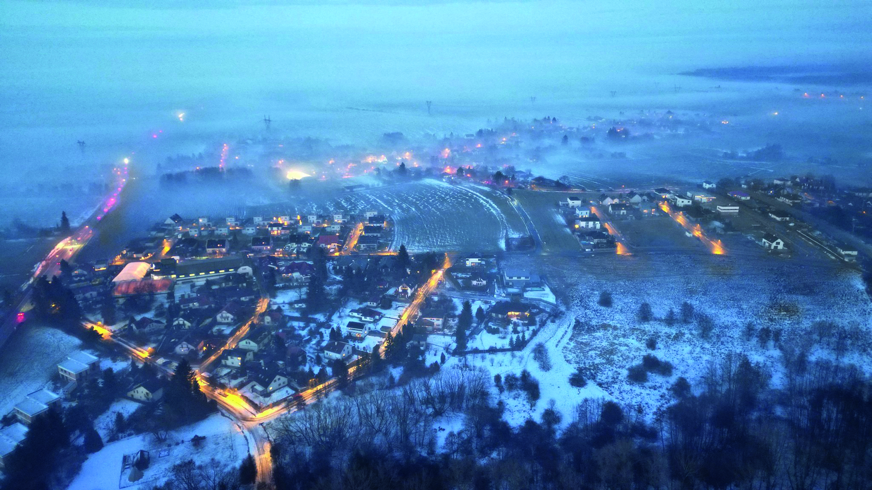 Zasněžený Pacov z výšky