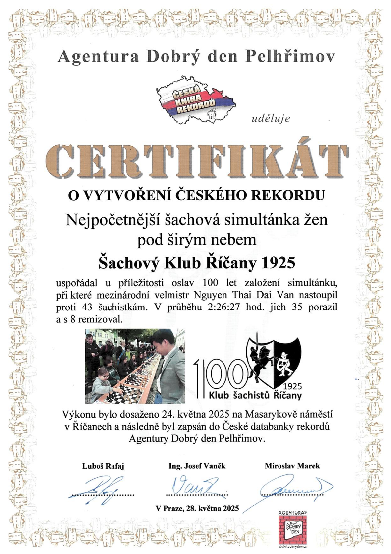 CERTIFIKÁT O ZAPSÁNÍ ČESKÉHO REKORDU