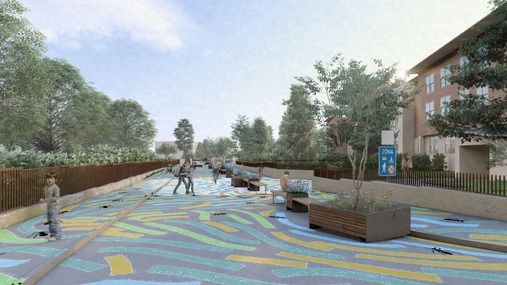 Návrh sdílené zóny. Lavičky, květináče i částečnou výmalbu chceme využít i v Zóně 30. Výtvarné zpracování: Jakub Vosecký Zpracovatel vizualizací: Vojtěch Novotný – mobility consultancy & advisory, s. r. o., Ing. arch. Adéla Hajná.