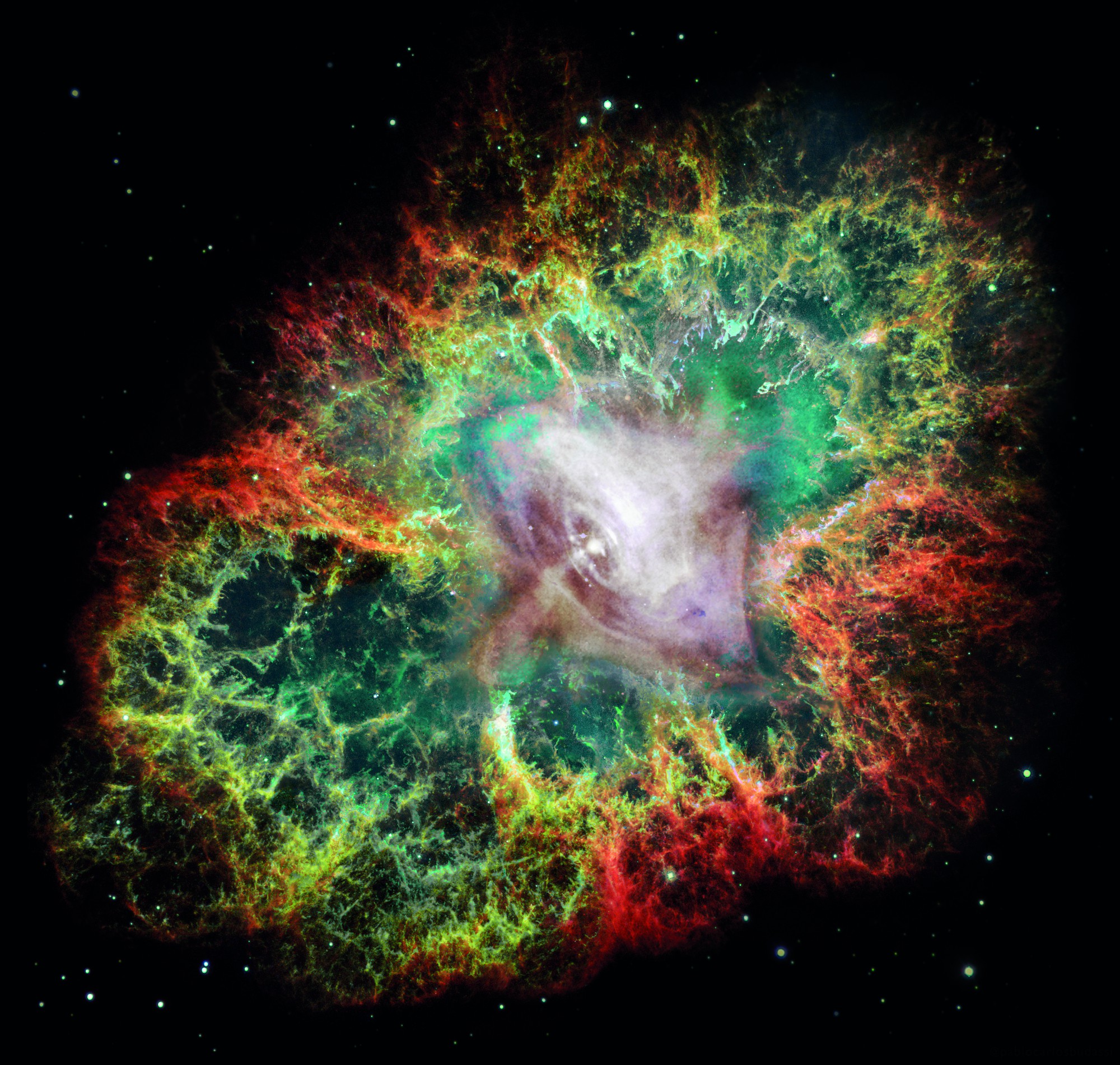 KRABÍ MLHOVINA. ROZPÍNAJÍCÍ SE OBLAK PLYNU A PRACHU JE ZBYTKEM PO SUPERNOVĚ (EXPLOZI MASIVNÍ HVĚZDY), KTEROU ASTRONOMOVÉ POZOROVALI V ROCE 1054 V SOUHVĚZDÍ BÝKA. NACHÁZÍ SE V NAŠÍ GALAXII, ASI 6 500 SVĚTELNÝCH LET OD ZEMĚ.